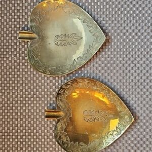 Vintage Brass Ashtray Set Etched Engraved Leaves Made in India 1950's? Rare!